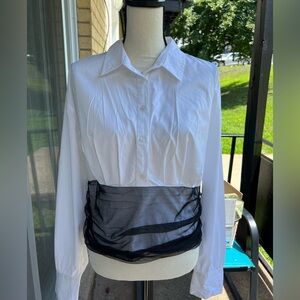 Anthropologie White and Black Ruched Notched Collar Blouse